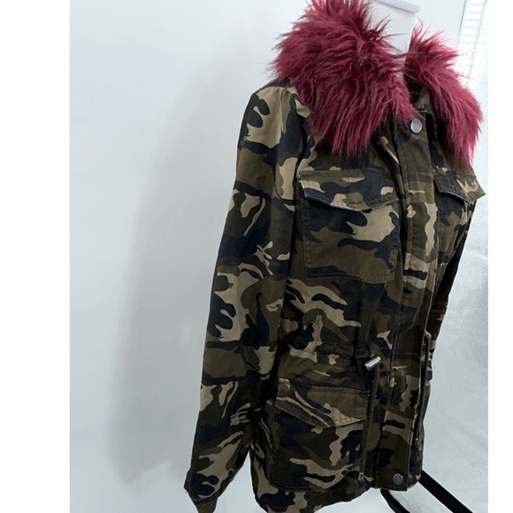Ashley Blue Womens Camo Military Anorak Jacket Burgundy Faux Fur Collar Medium - Picture 3 of 10